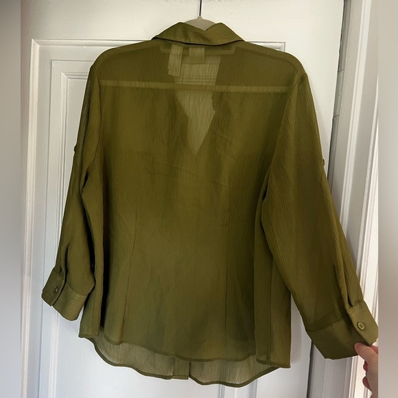 Emma James 16W Sheer Olive Green Blouse Plus Size Button Down Lightweight Top - Picture 7 of 8